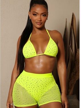 Neon Yellow Rhinestone Sunsuit Set